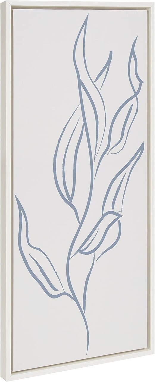 Sylvie Muted Illustrated Botanical Light Blue and Beige Framed Canvas Wall Art (18x40 White)